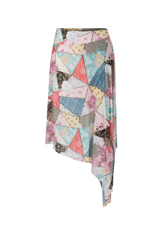 An asymmetrical wrap skirt featuring a colorful geometric patchwork print with triangles and floral patterns in pink, blue, beige, and brown, set against a plain white background.
