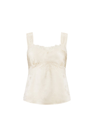 An ivory satin camisole top with delicate lace trim along the scoop neckline and wide shoulder straps, shown against a plain white background.