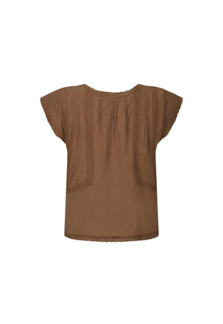 A brown short-sleeve top with a gathered, pleated front and patch pockets, shown flat against a white background.