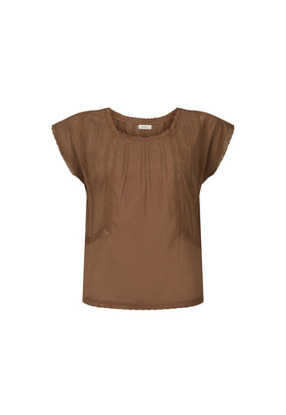 A brown short-sleeve top with a round neckline and subtle vertical pleating on the front, shown against a plain white background.