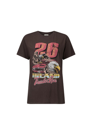 A dark brown short-sleeve graphic t-shirt featuring a distressed red '26' and an eagle design with the text 'Island Thunder Racing' on the front, displayed against a solid white background.