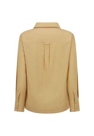 A tan long-sleeve button-up shirt shown from the back, featuring a central pleat detail and button cuffs, displayed on a clean white background.