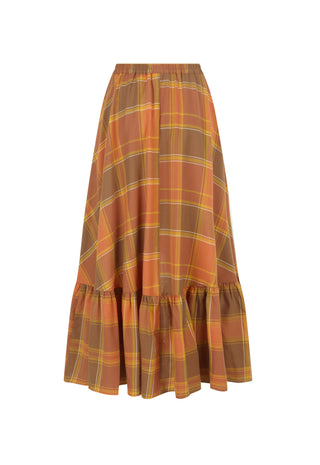 A plaid midi skirt in warm orange, brown, and yellow tones, featuring an elastic waistband and a ruffled hem, shown against a plain white background.